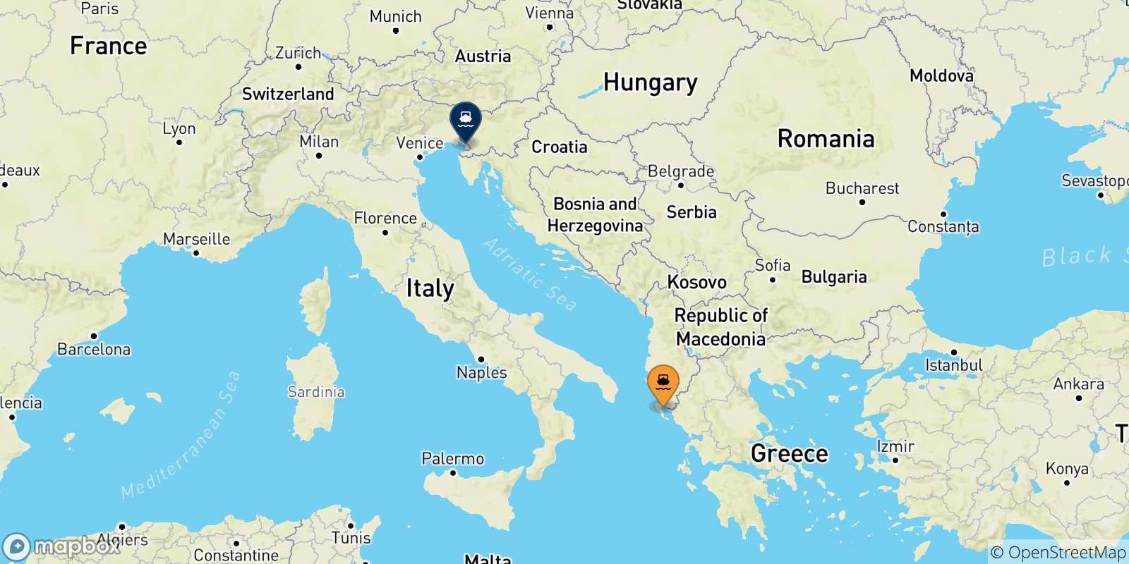 Mapa de las posibles rutas entre Islas Jonicas y  Trieste