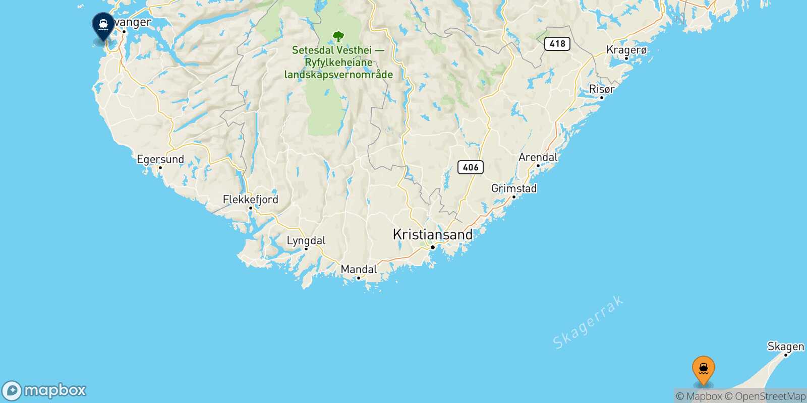 Mapa de la ruta Hirtshals Stavanger