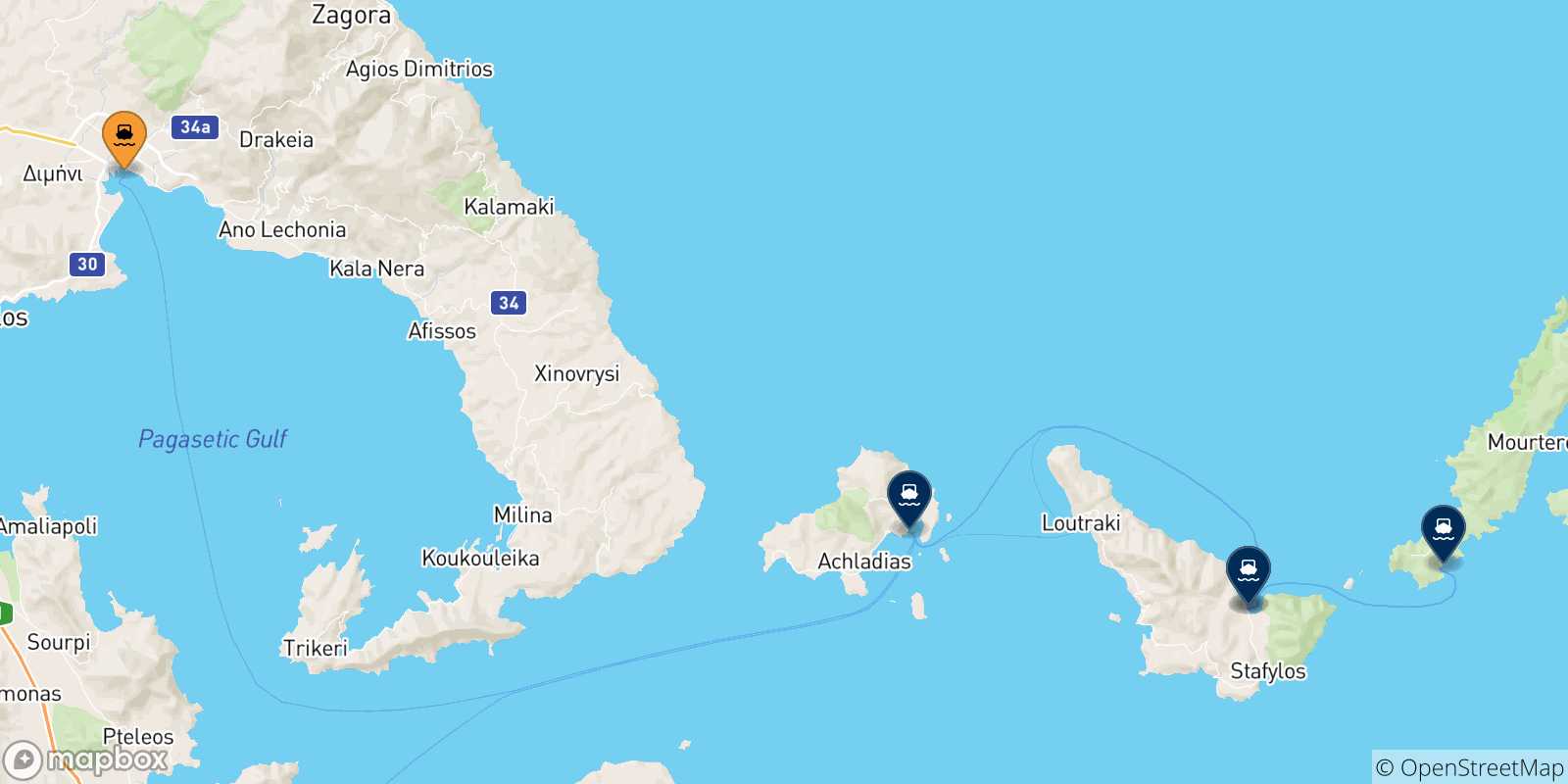Mapa de las posibles rutas entre Volos y  Islas Espóradas